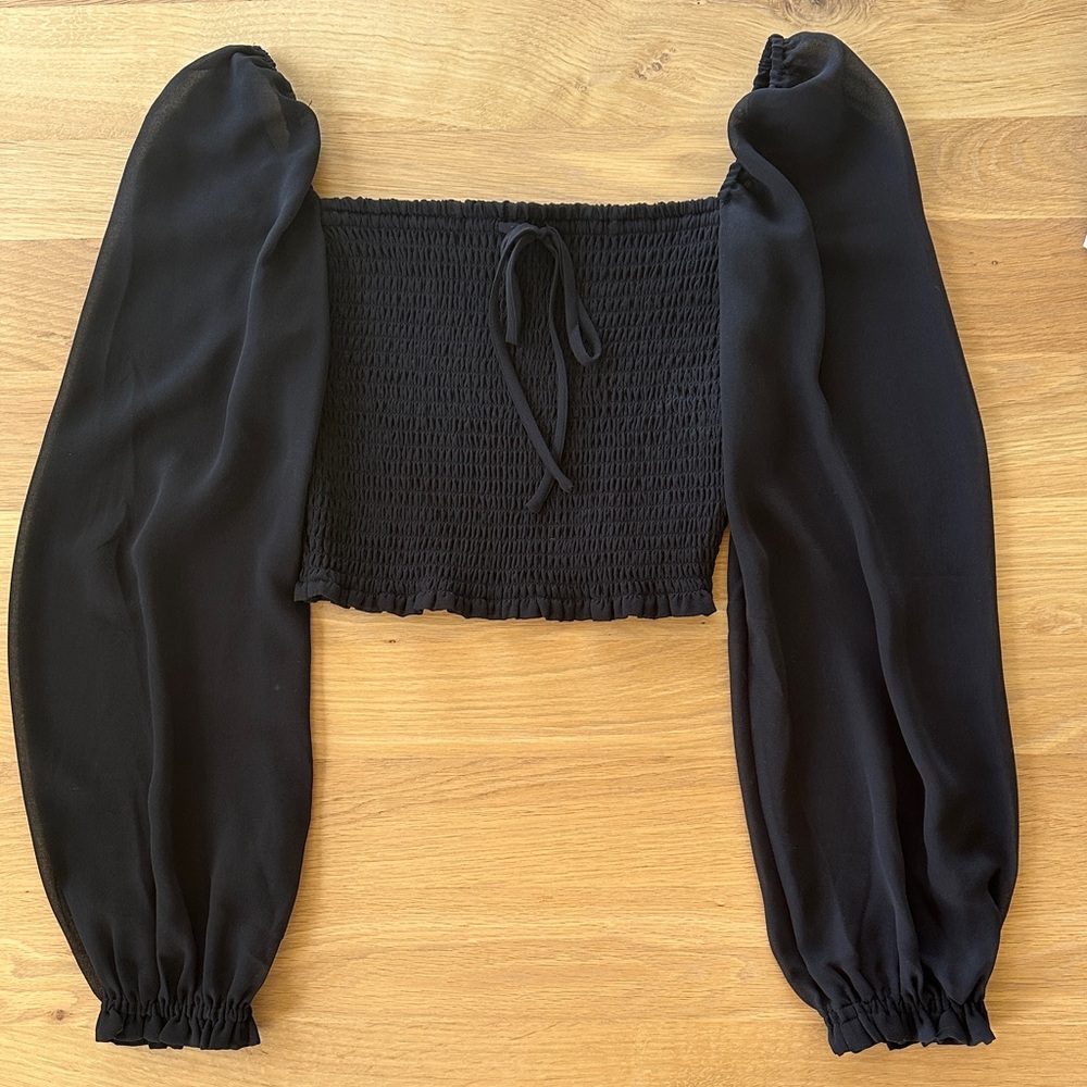 Aritzia Black Smocked Off-Shoulder Crop  Top XS